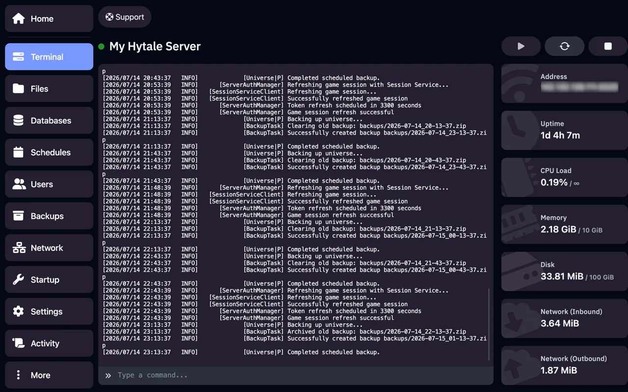 Your Hytale server in the game panel