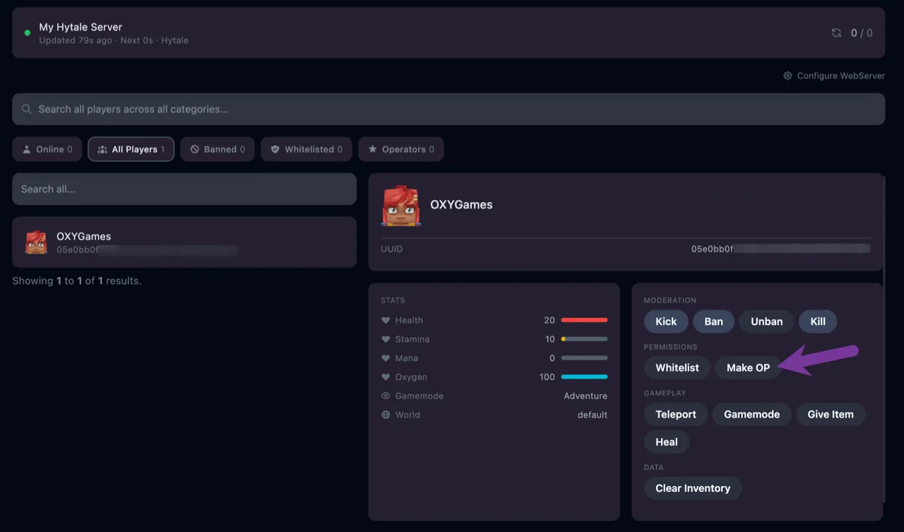 Making a player admin in the Player Manager
