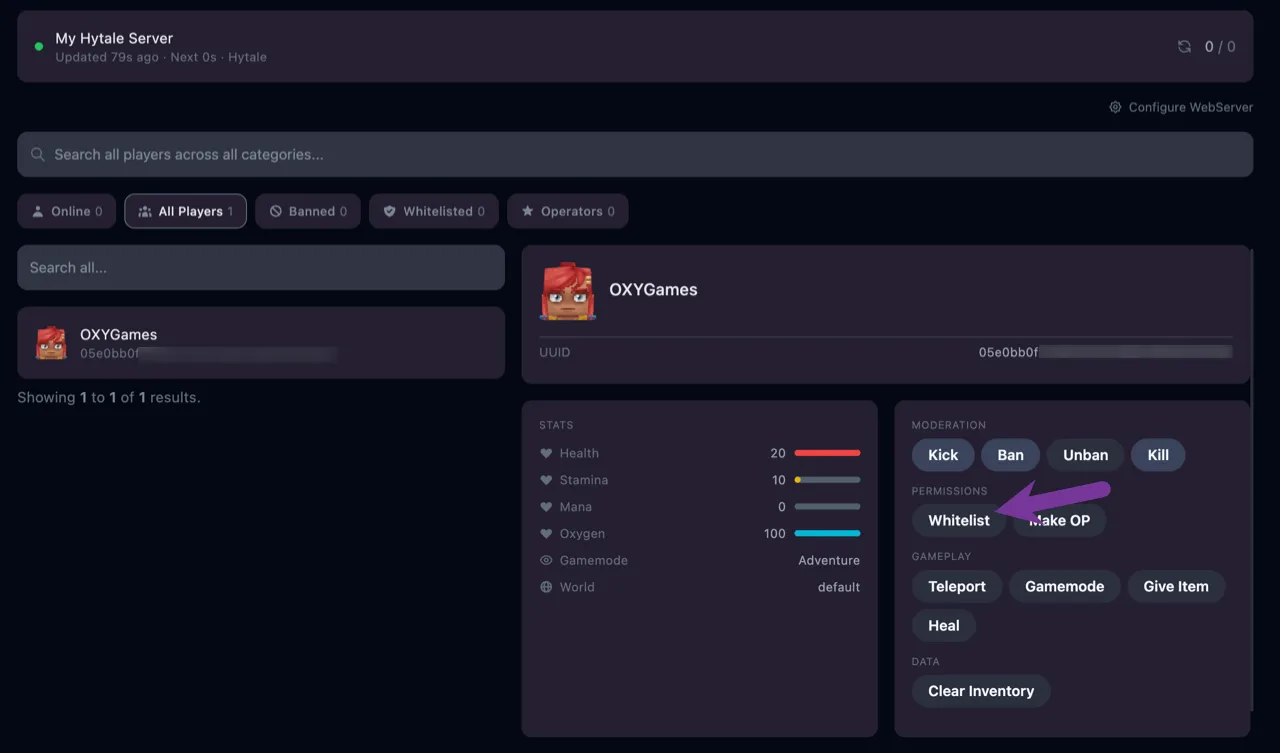 Managing the whitelist in the Player Manager