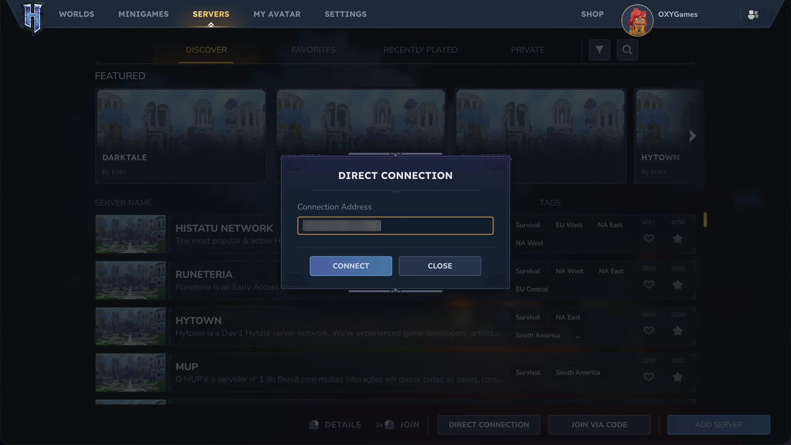Joining from the Hytale servers menu