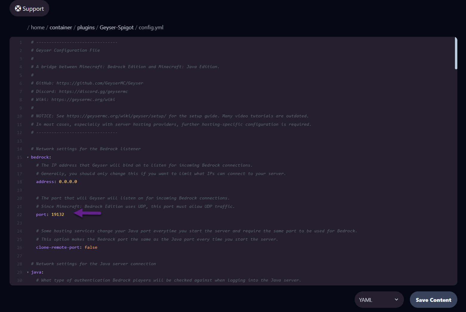Geyser poort aanpassen in config