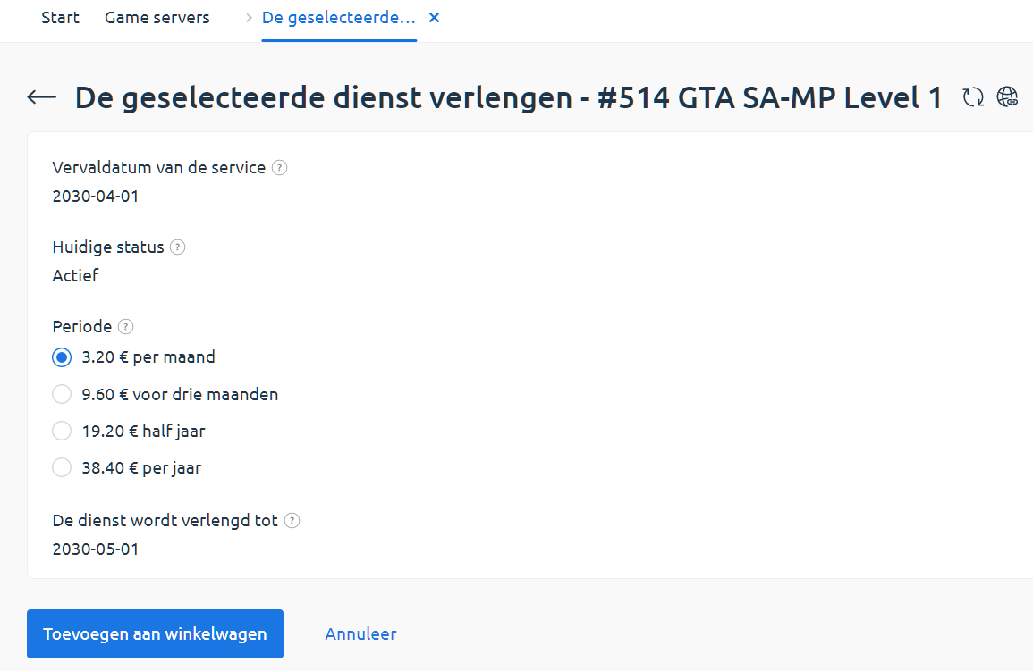 Verlengperiode selecteren