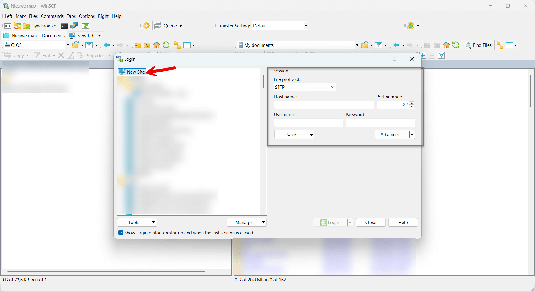 WinSCP nieuwe site
