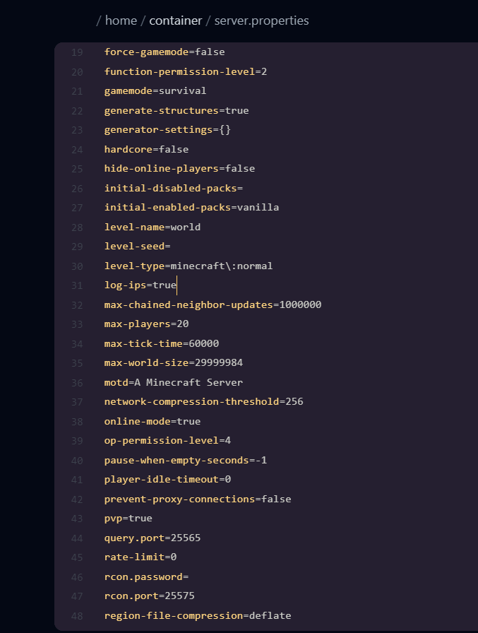 Inhoud van server.properties via File Manager