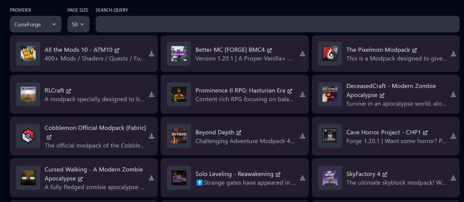 Overzicht modpacks
