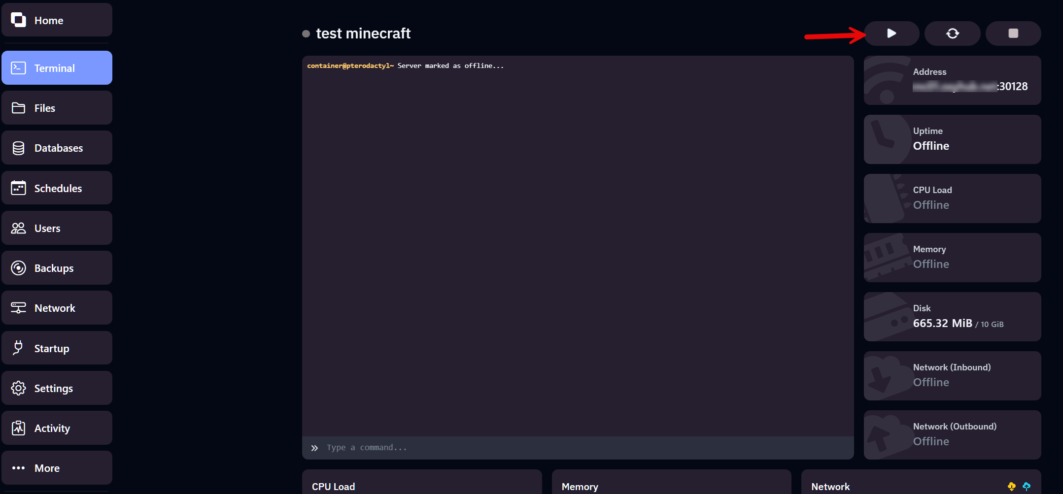 Start server knop