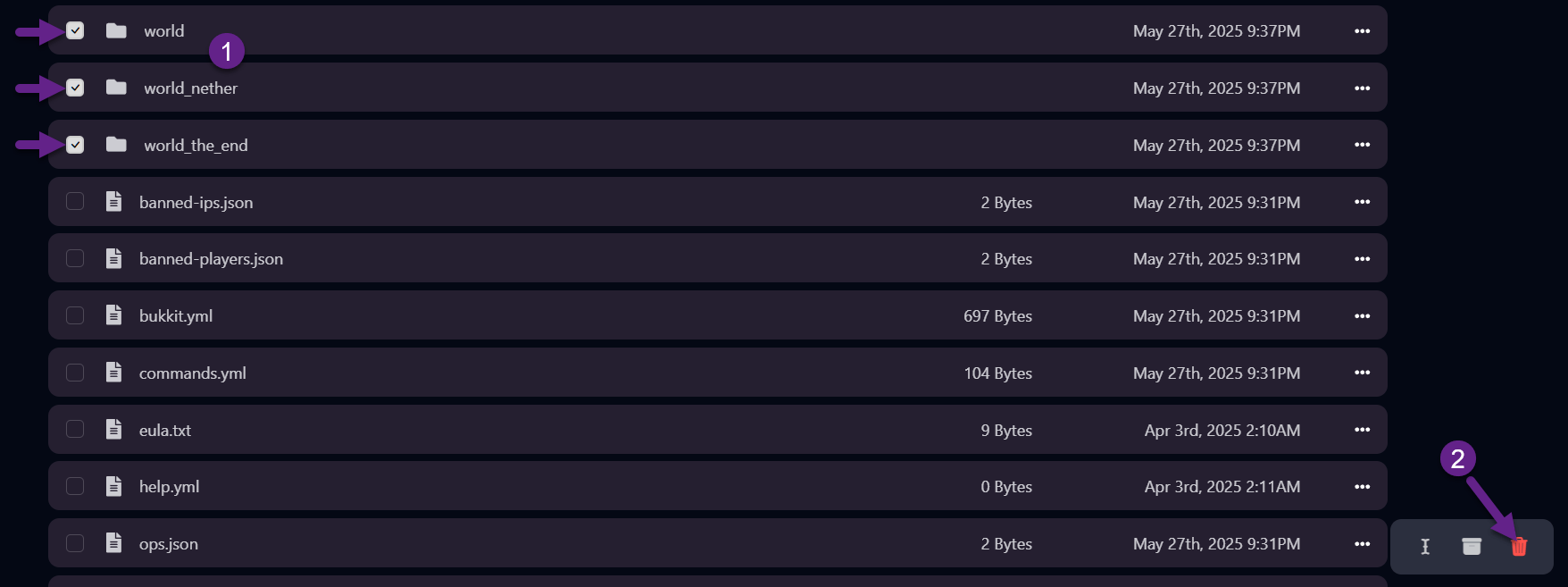 Minecraft server wereld folders verwijderen