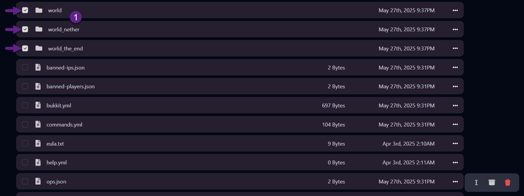 Minecraft server wereld folders selecteren in file manager