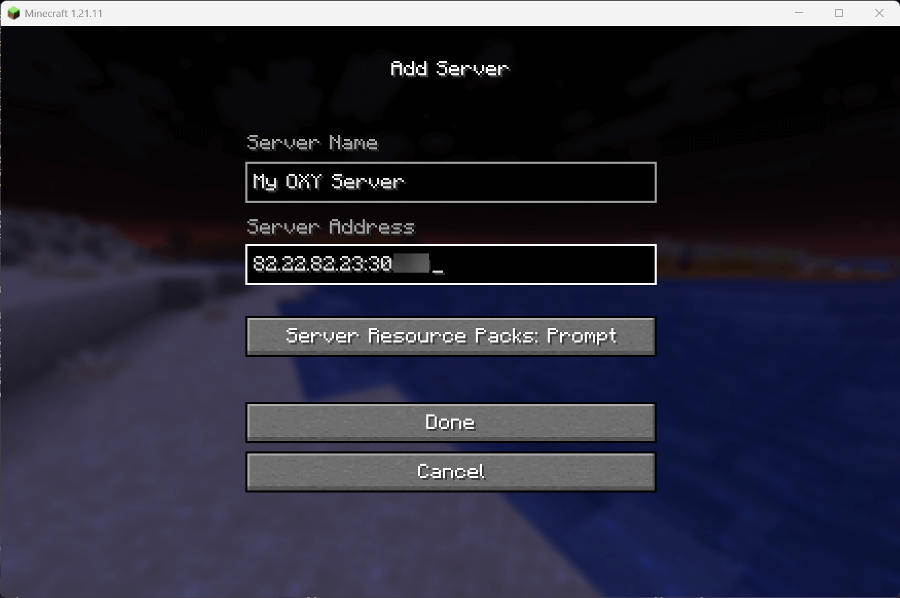 Add Server screen – server address filled in