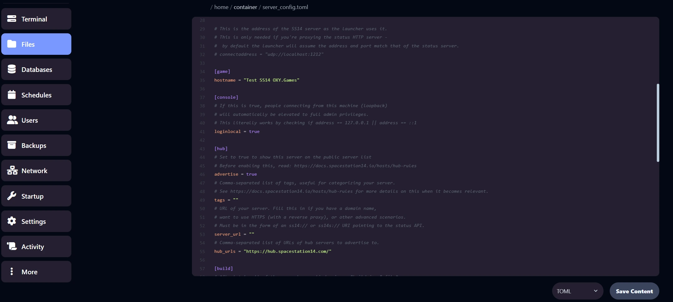 server_config.toml open in editor