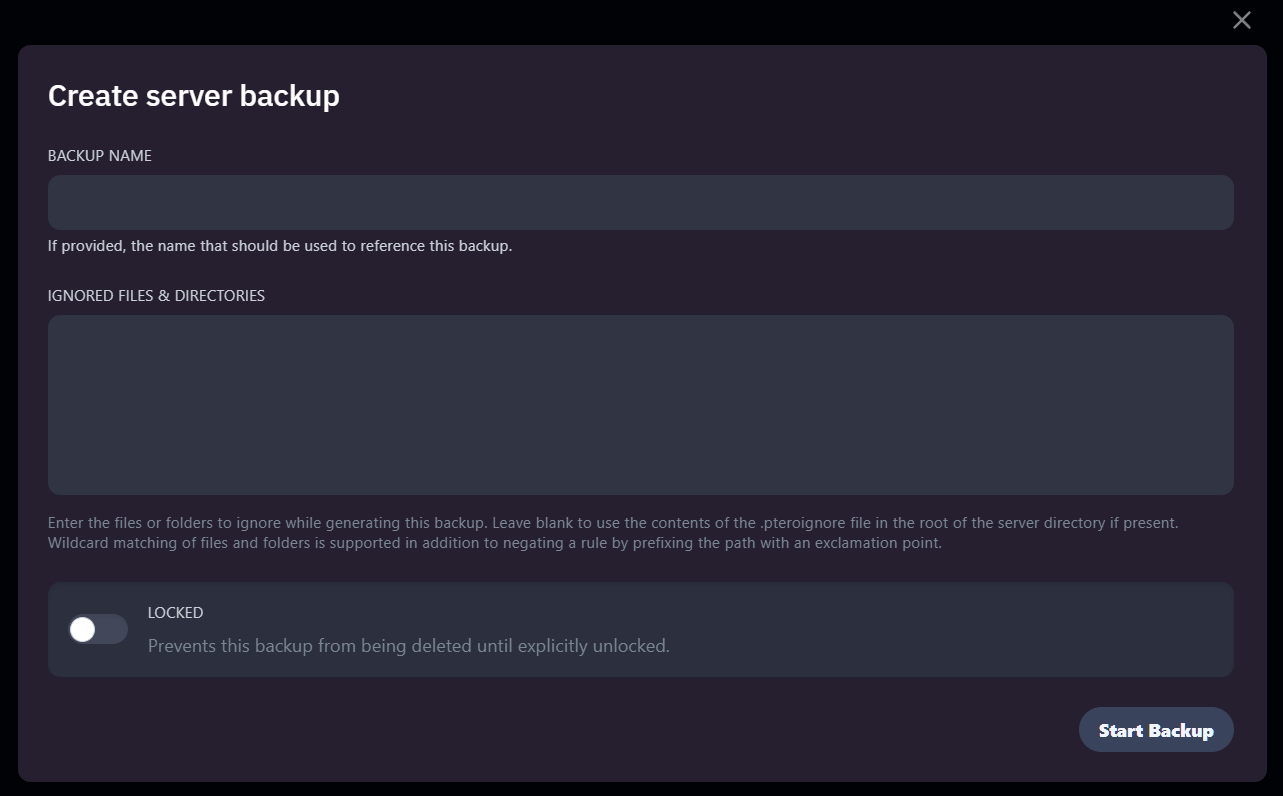 Create backup screen