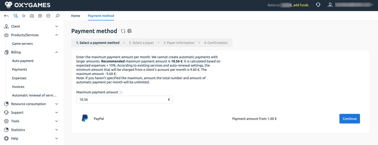Auto payment setup — maximum amount and PayPal