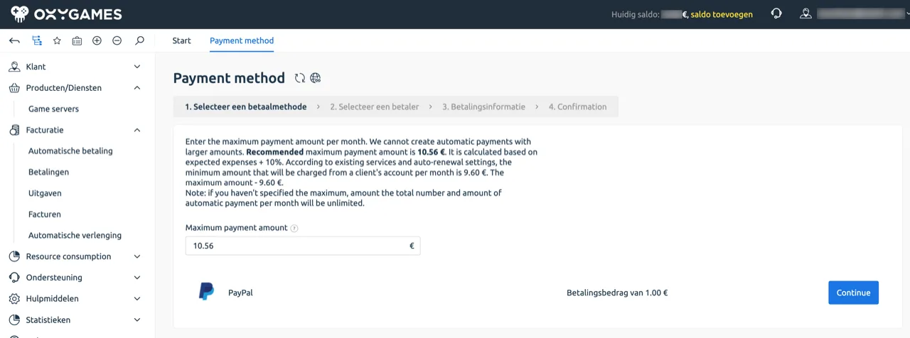 Automatische betaling instellen — maximumbedrag en PayPal