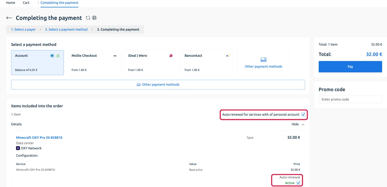 Checkout — Auto-renewal for services with personal account is ticked by default