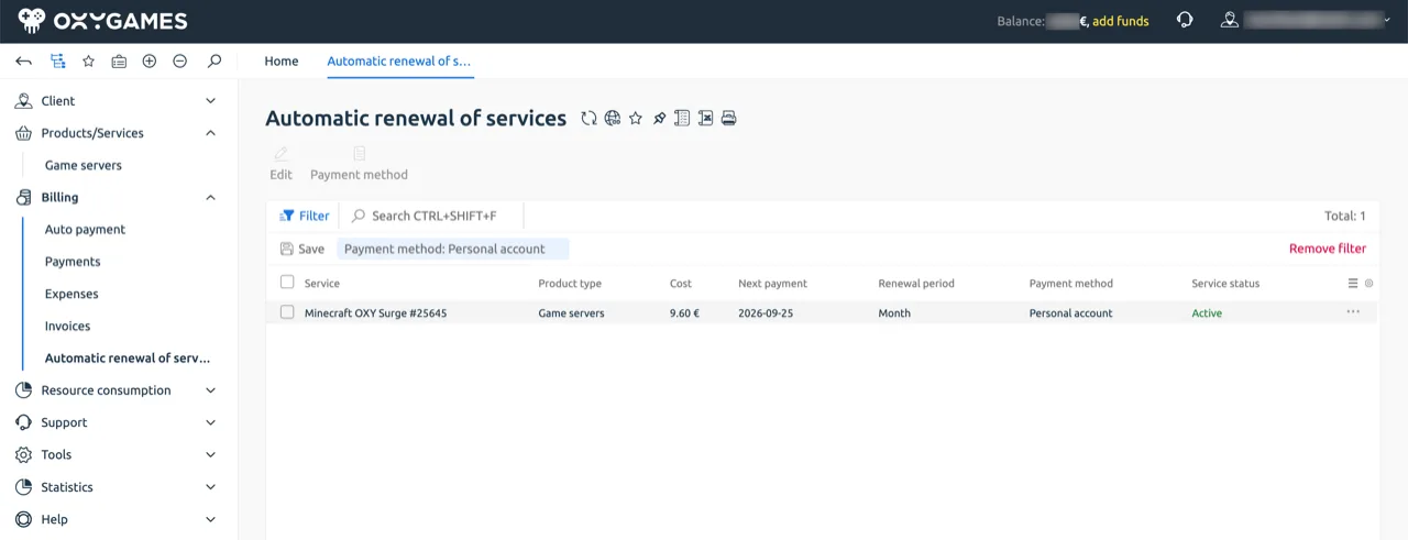 Automatic renewal of services — payment method Personal account