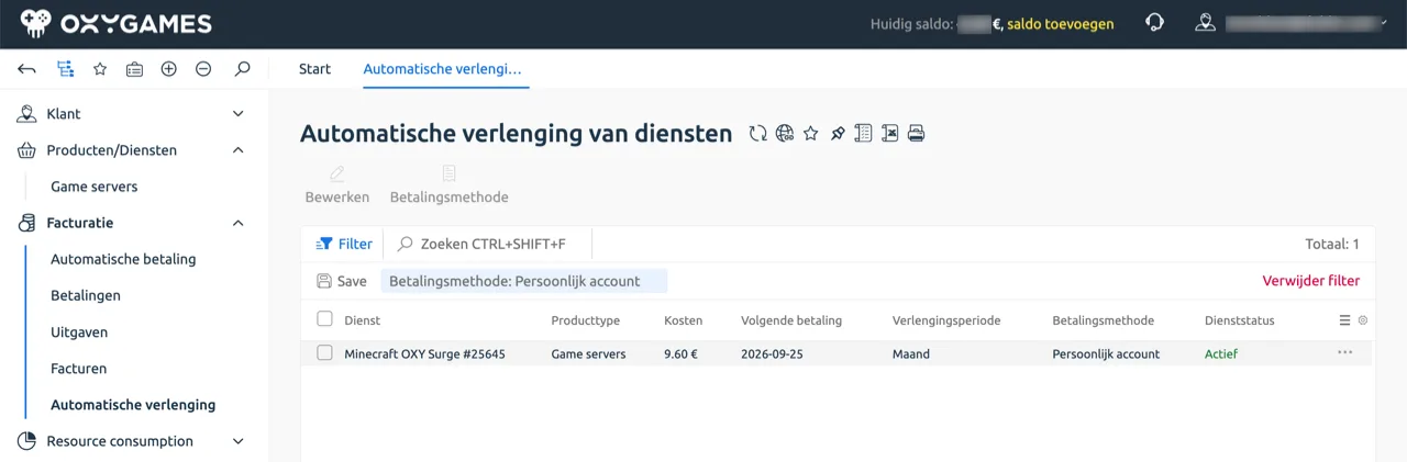 Automatische verlenging van diensten — betalingsmethode Persoonlijk account