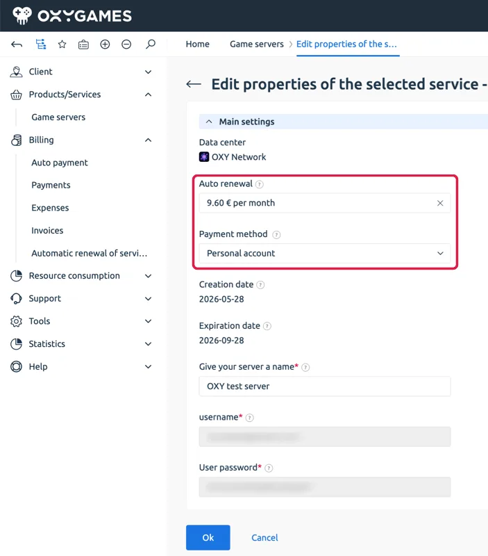 Edit game server — Auto renewal and Payment method