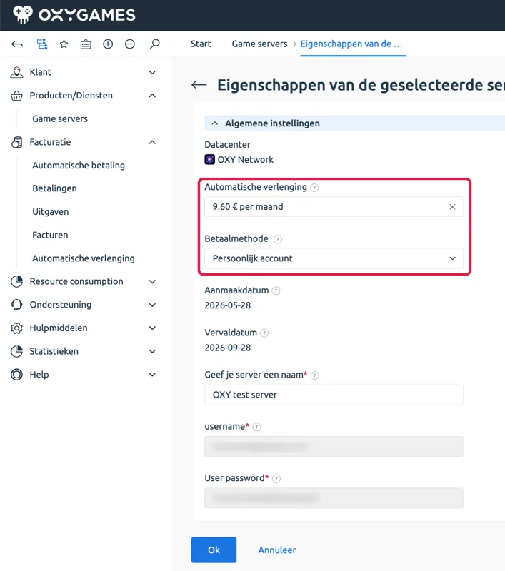 Game server bewerken — Automatische verlenging en Betaalmethode