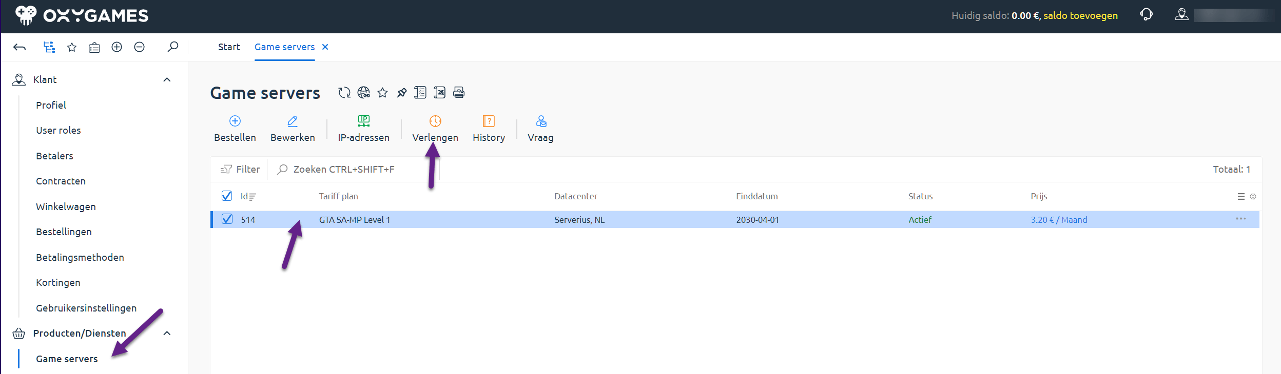 Click Renew on your server