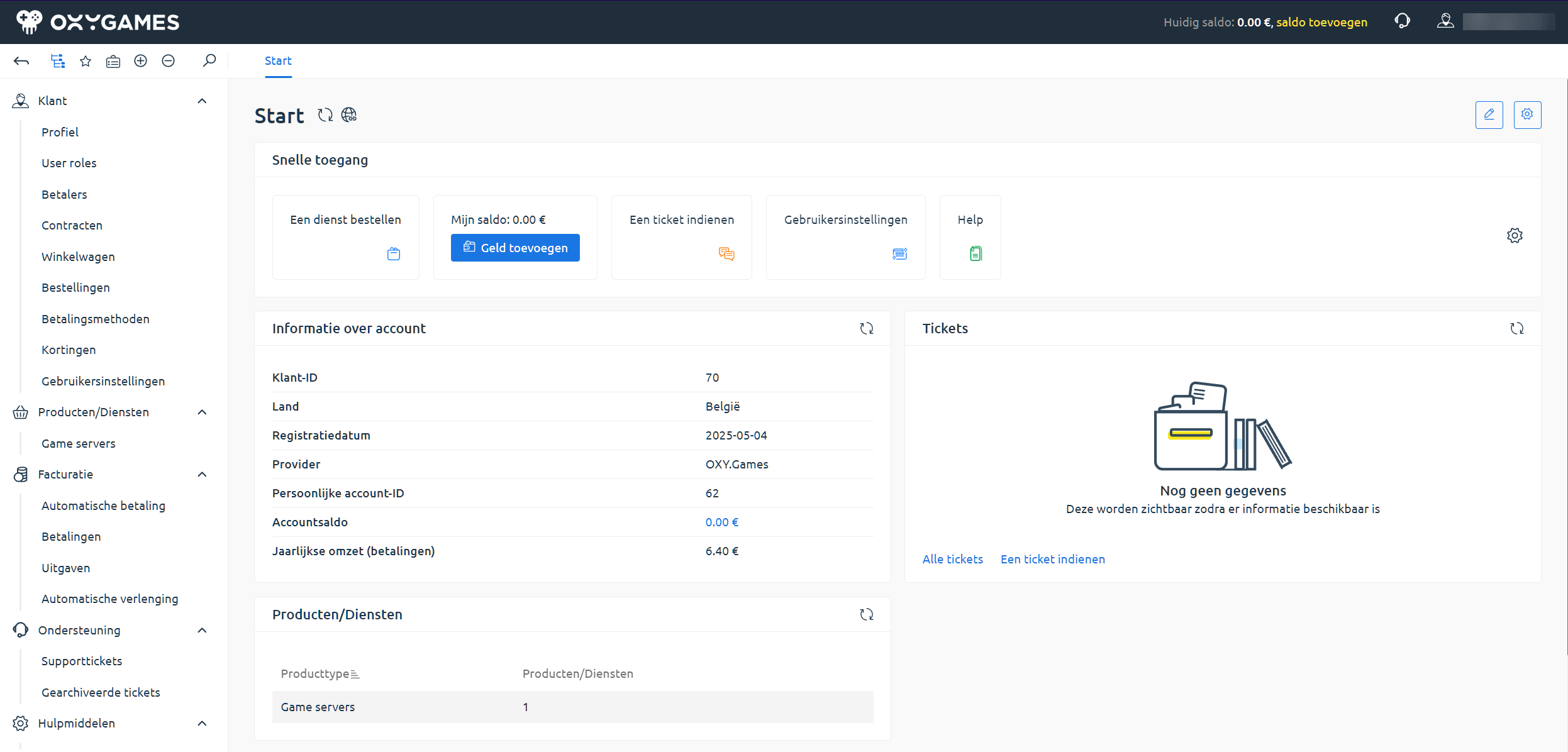 Customer area dashboard overview