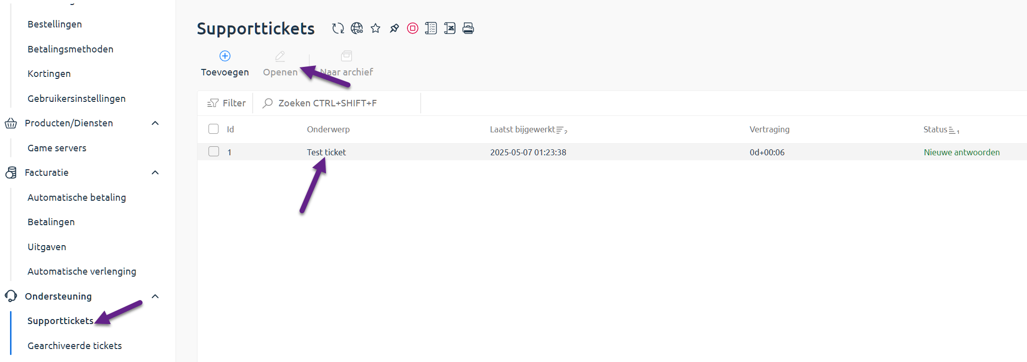 Menu link to support tickets