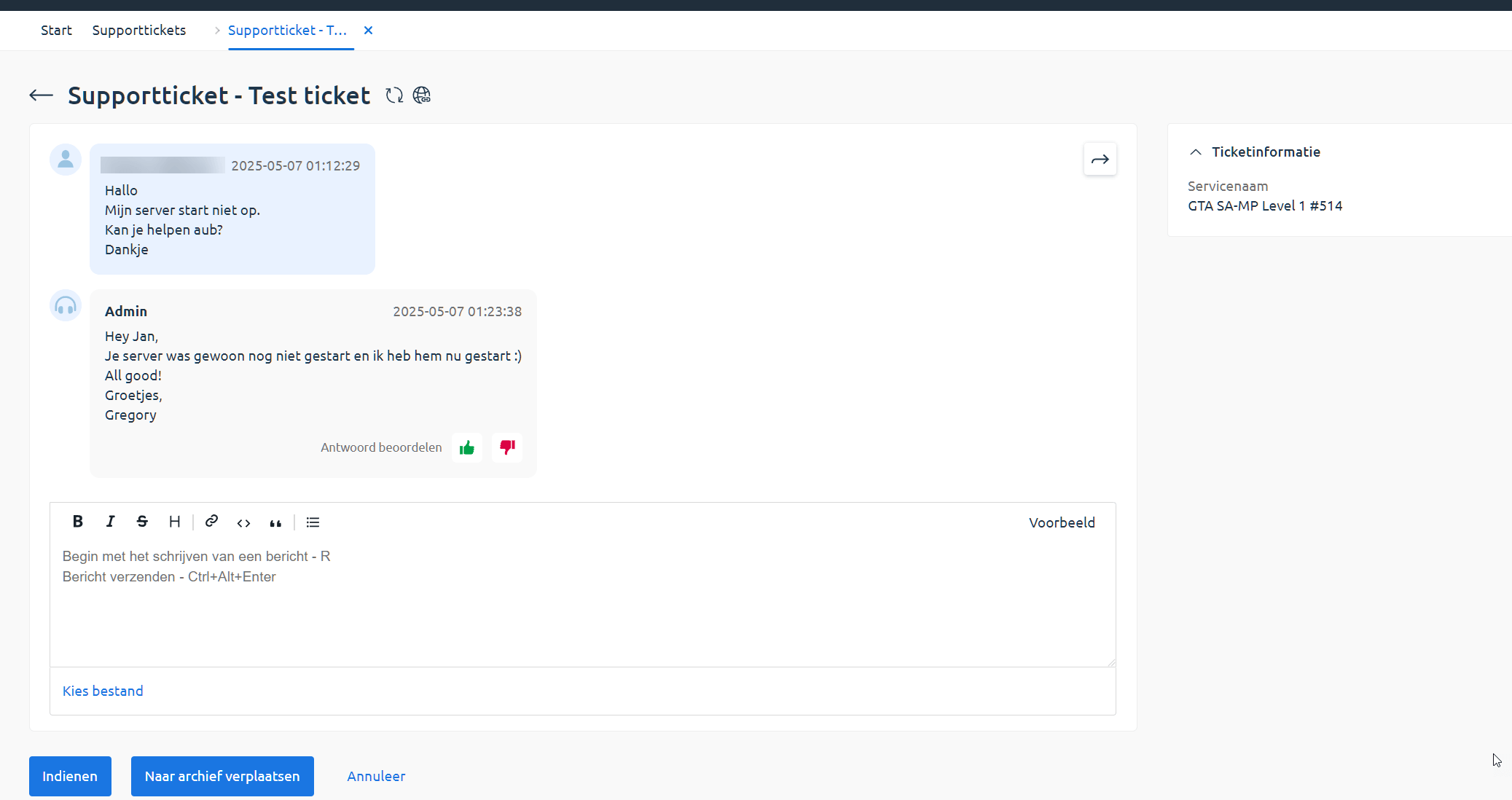 Ticket view with reply field