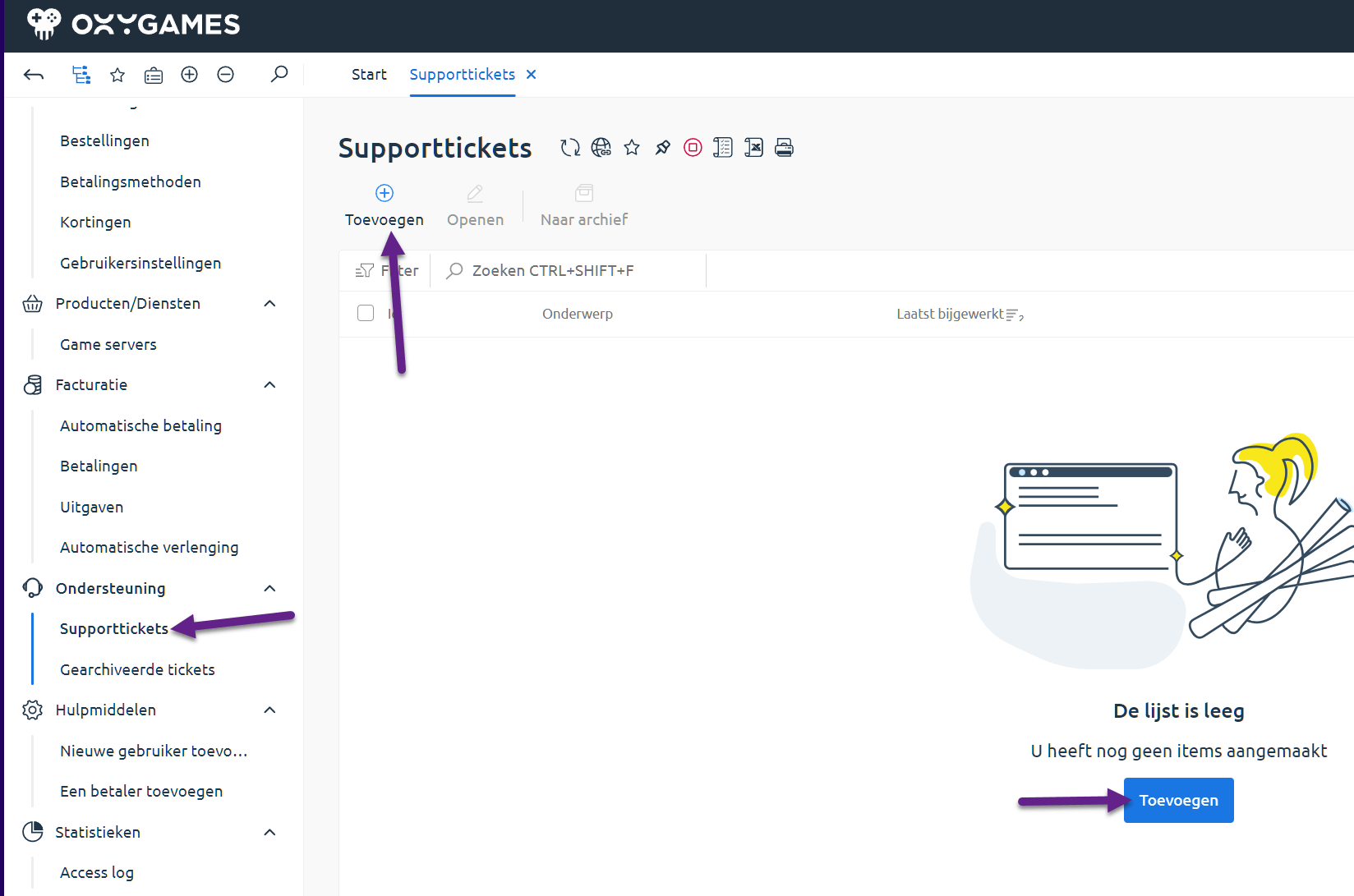 Support tickets menu and add button