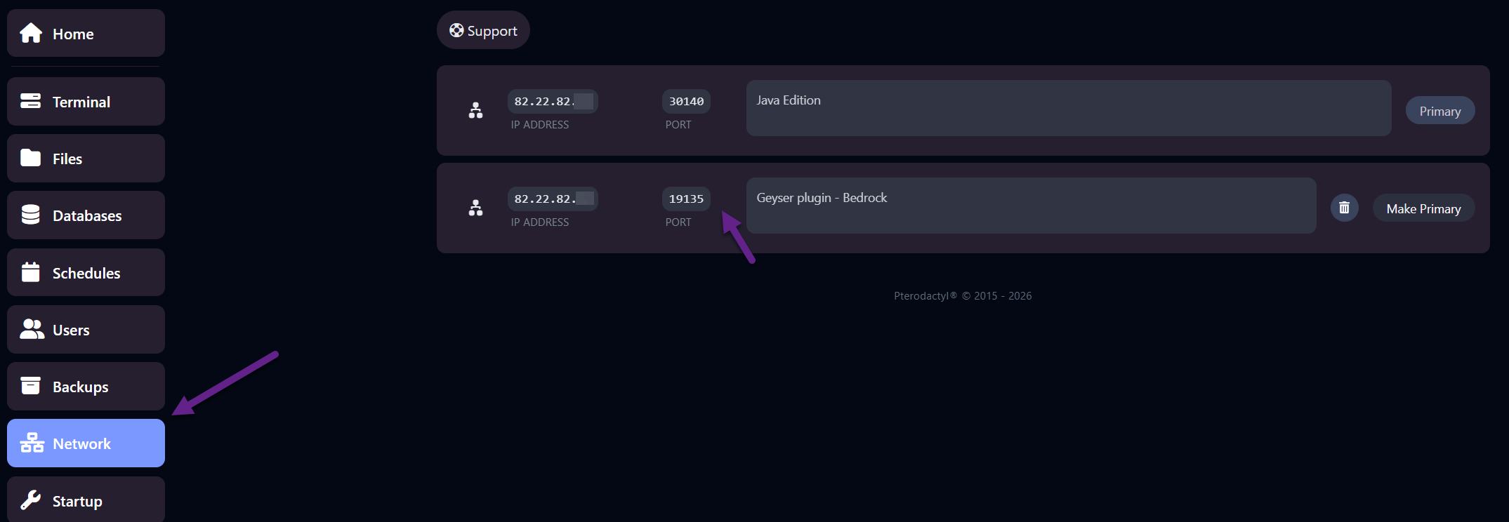 Network menu met Geyser poort