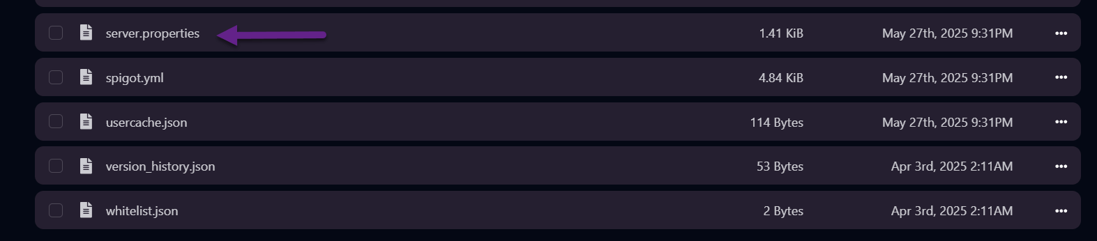 Server files list in File Manager