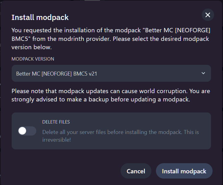 Installatievenster modpack