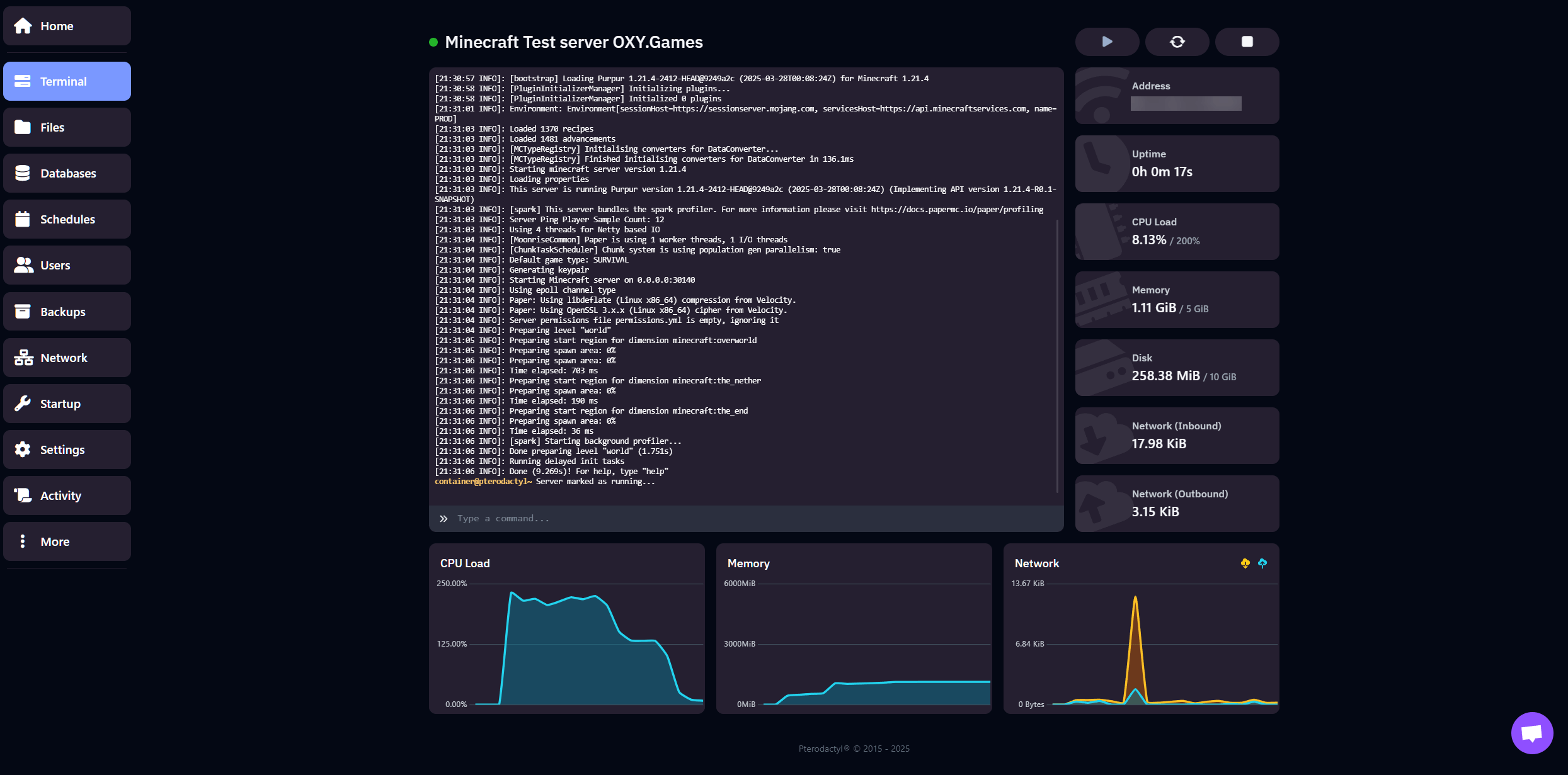 Screenshot of the game control panel
