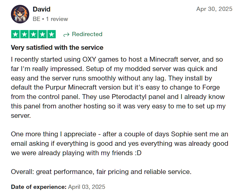 5-star Trustpilot review from David about OXY.Games